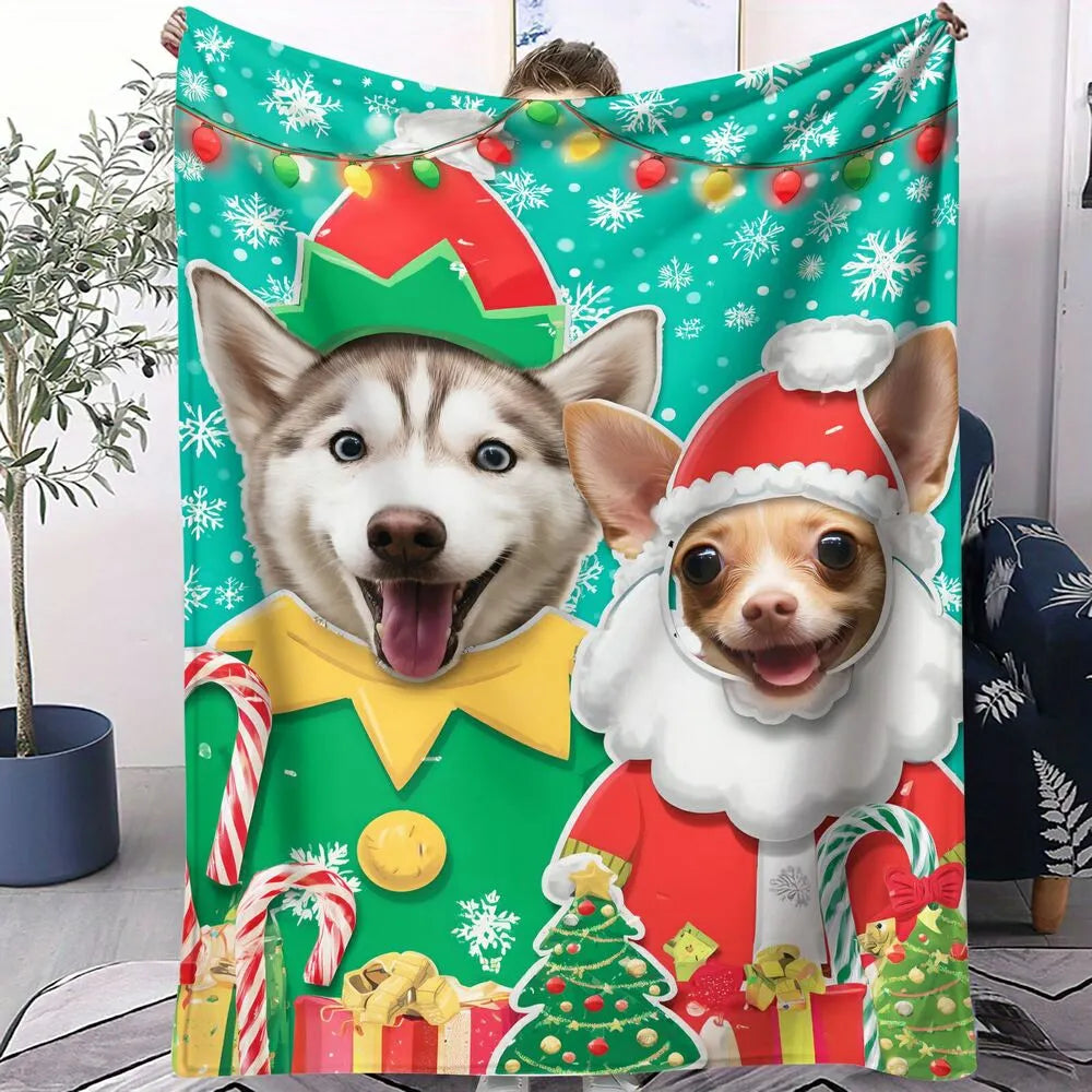 Festive Dog Duo Christmas Elf Santa Green Pattern Multipurpose Throw Blanket