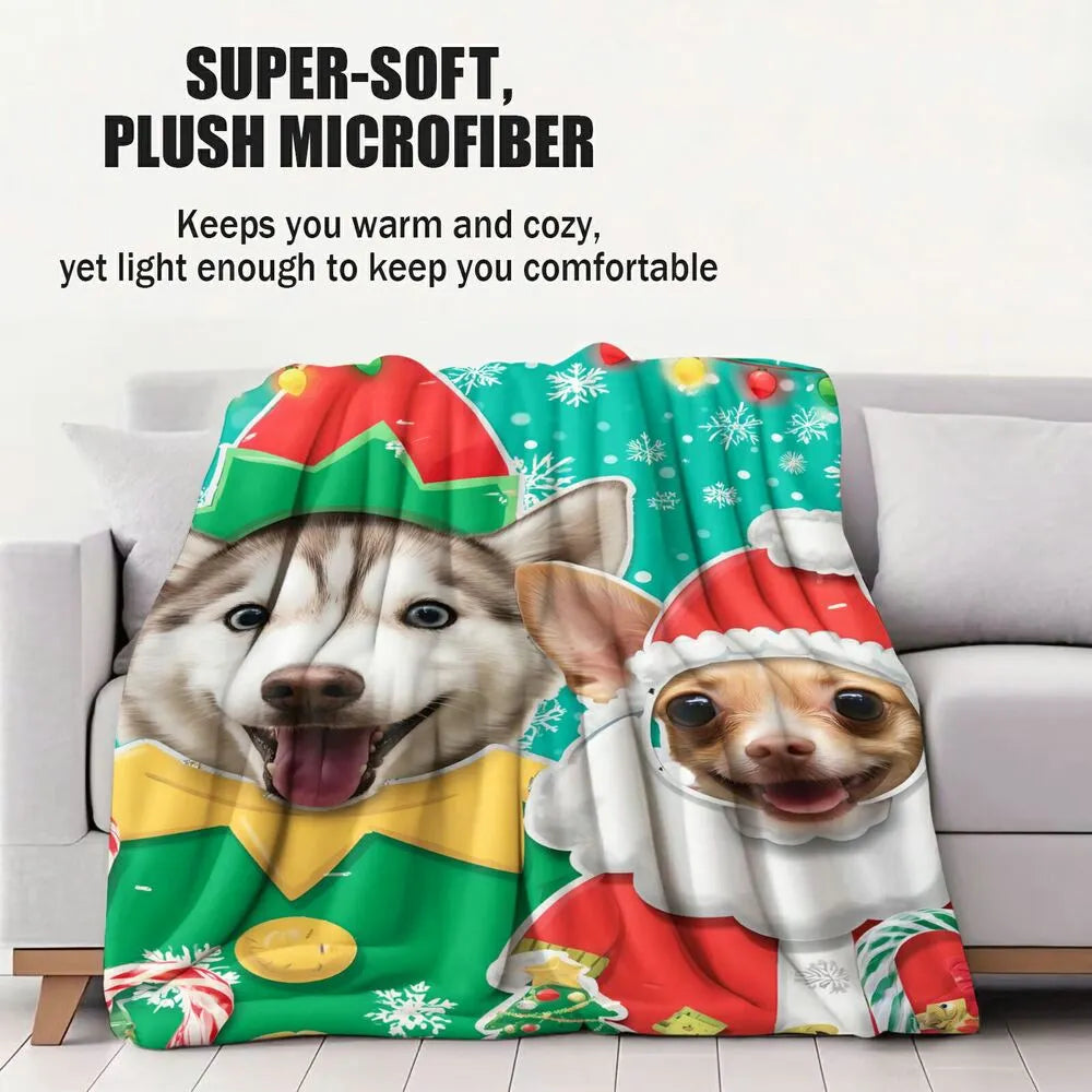 Festive Dog Duo Christmas Elf Santa Green Pattern Multipurpose Throw Blanket