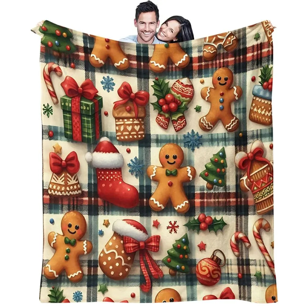 Festive Gingerbread Christmas Icons Plaid Pattern Multipurpose Throw Blanket