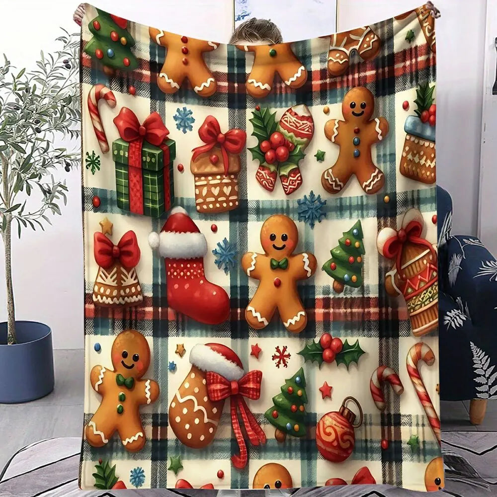 Festive Gingerbread Christmas Icons Plaid Pattern Multipurpose Throw Blanket