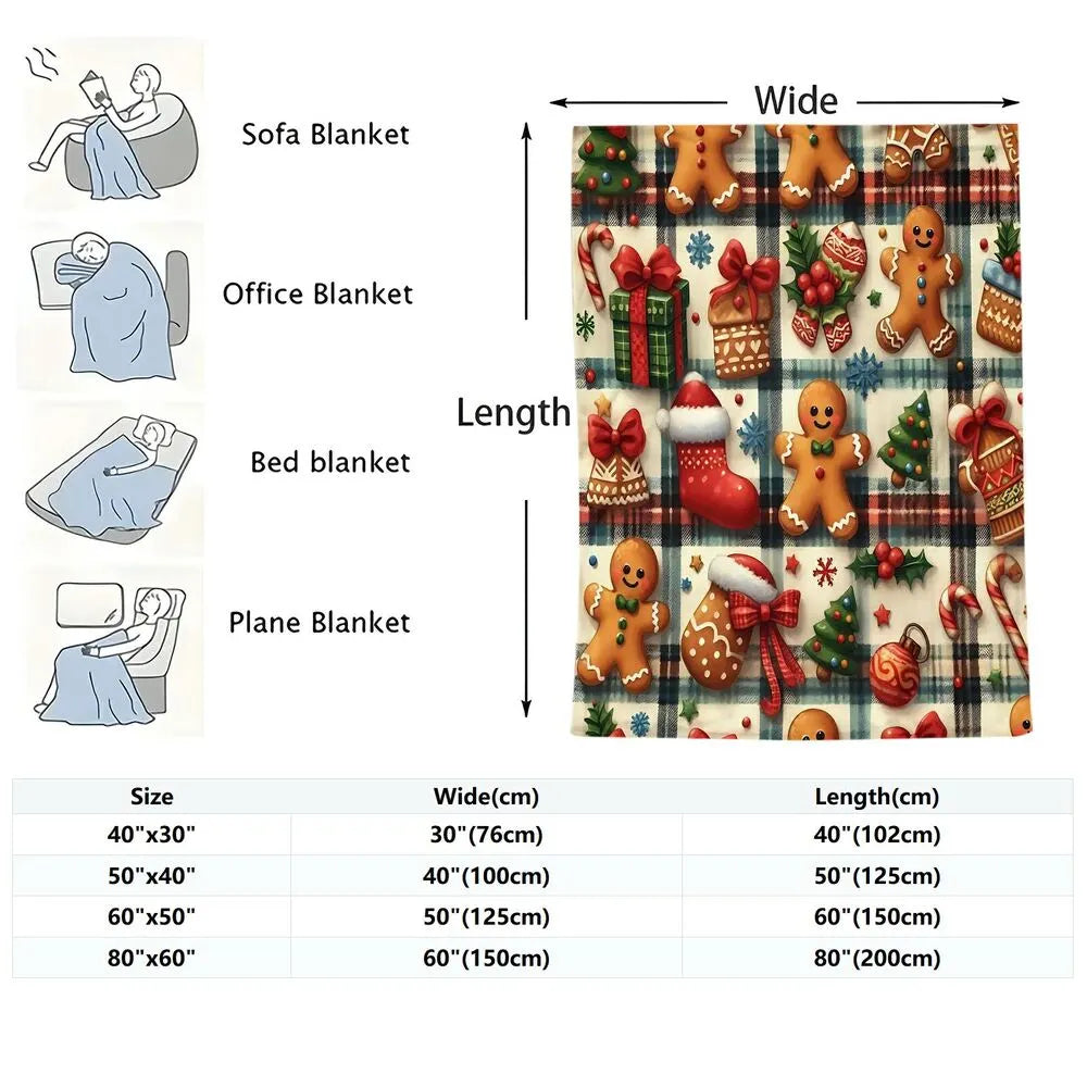 Festive Gingerbread Christmas Icons Plaid Pattern Multipurpose Throw Blanket