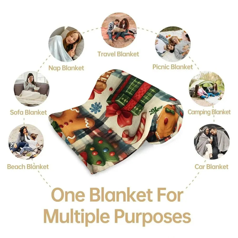 Festive Gingerbread Christmas Icons Plaid Pattern Multipurpose Throw Blanket