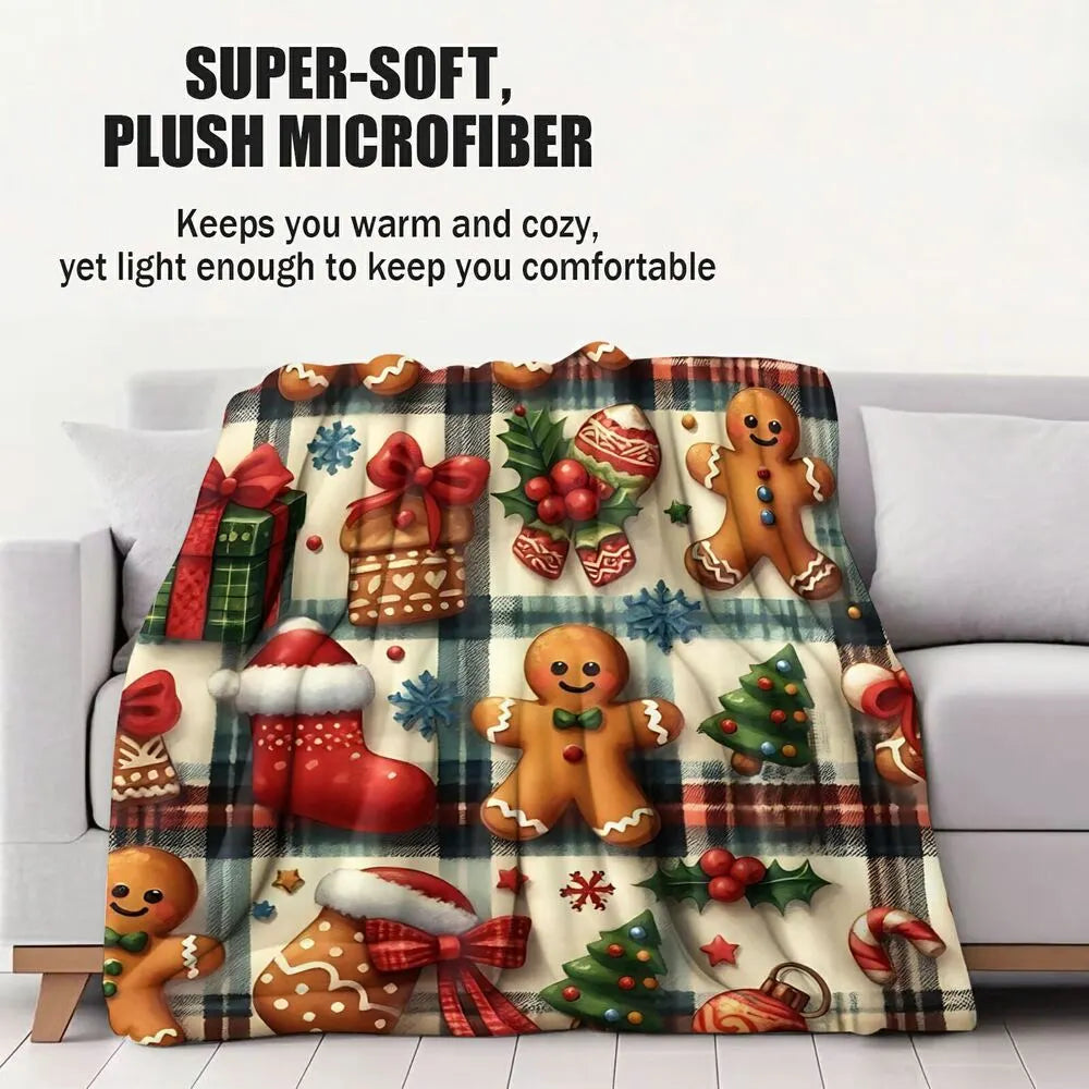 Festive Gingerbread Christmas Icons Plaid Pattern Multipurpose Throw Blanket