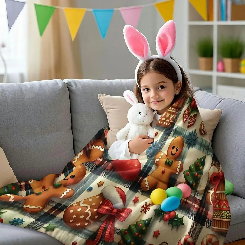 Festive Gingerbread Christmas Icons Plaid Pattern Multipurpose Throw Blanket