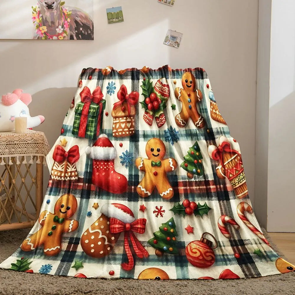 Festive Gingerbread Christmas Icons Plaid Pattern Multipurpose Throw Blanket