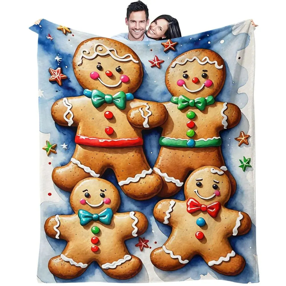 Festive Gingerbread Family Blue Watercolor Pattern Multipurpose Throw Blanket