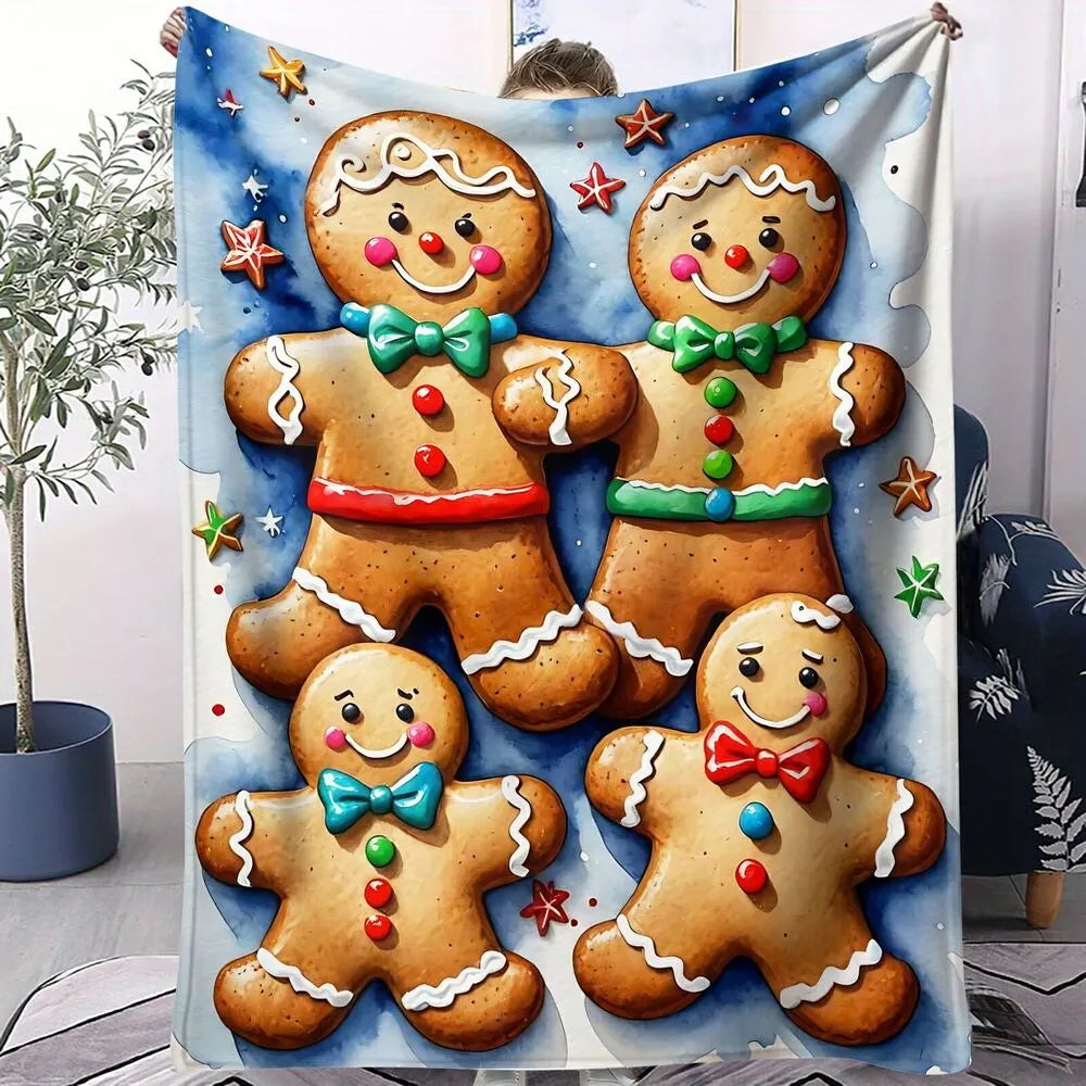 Festive Gingerbread Family Blue Watercolor Pattern Multipurpose Throw Blanket