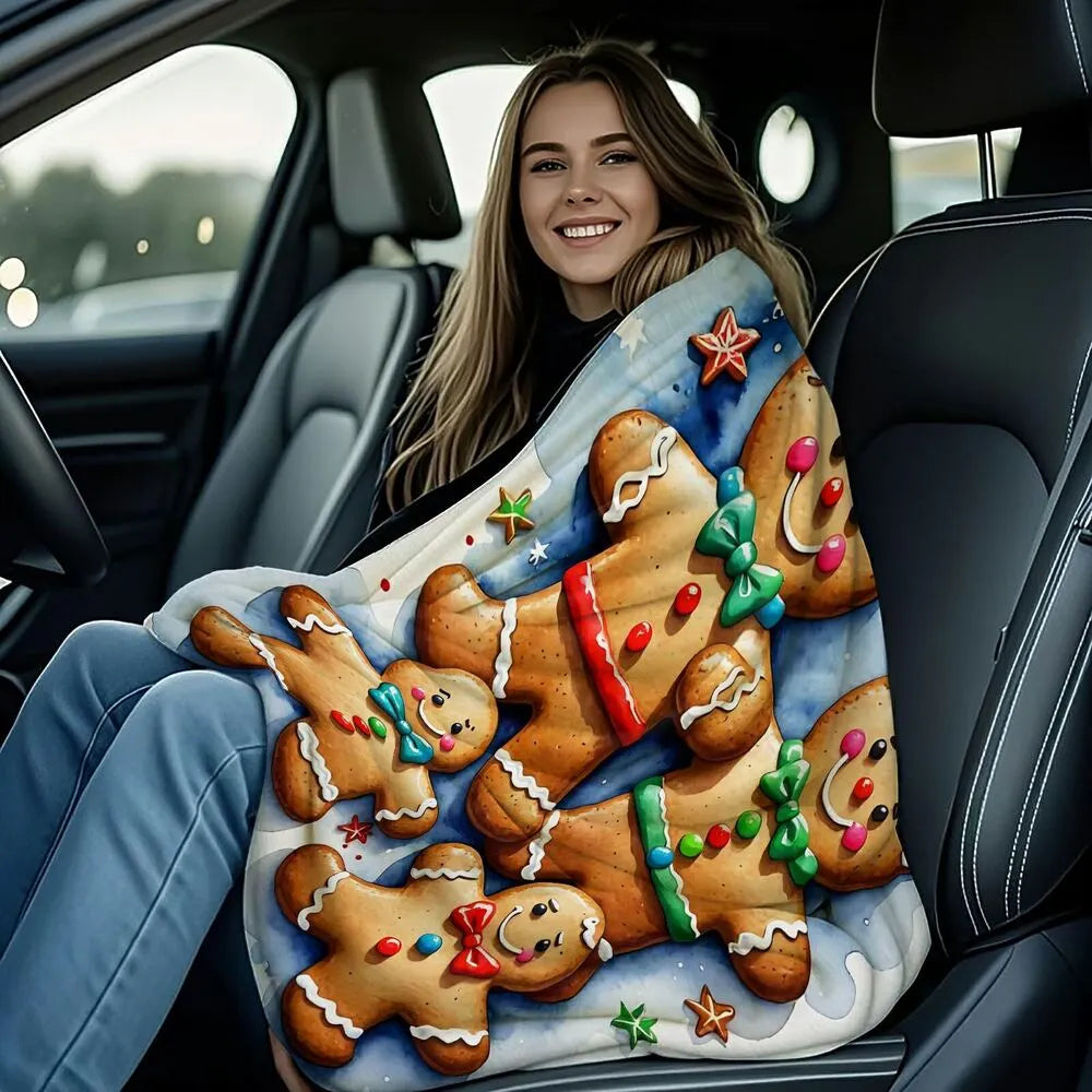 Festive Gingerbread Family Blue Watercolor Pattern Multipurpose Throw Blanket