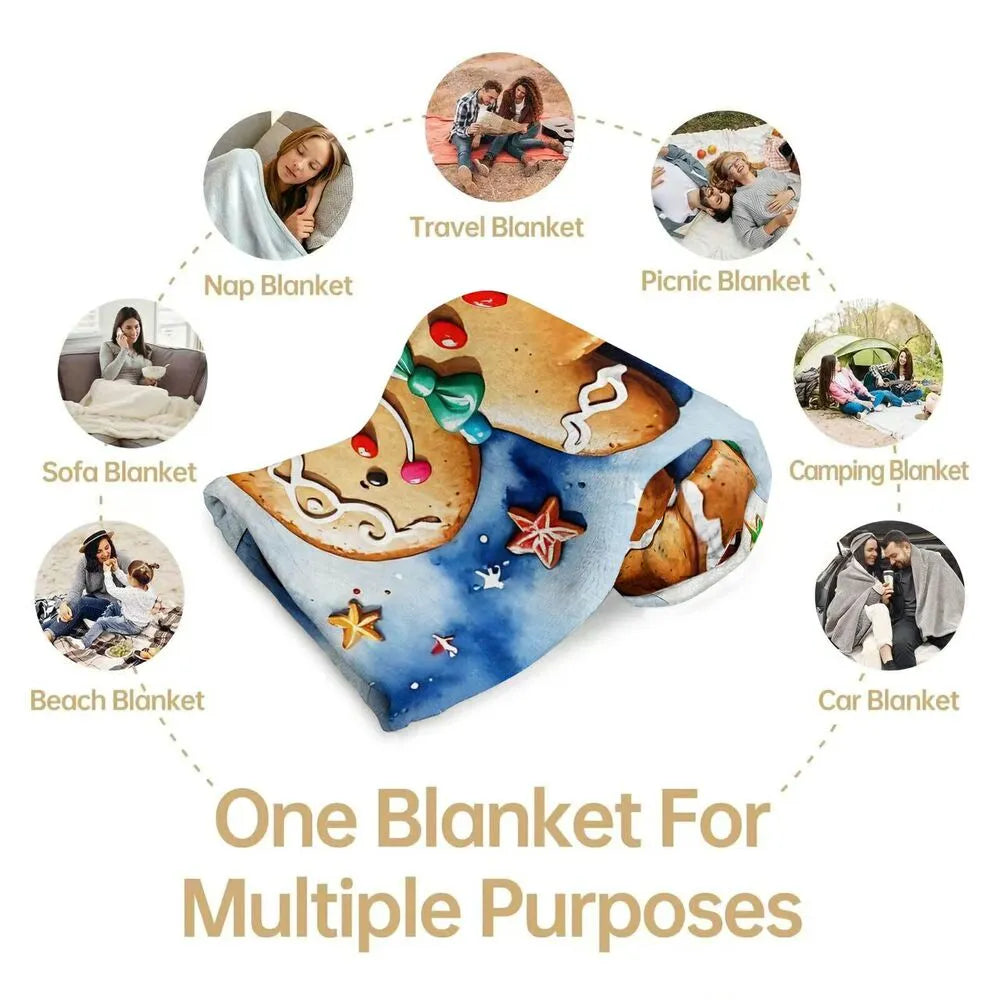 Festive Gingerbread Family Blue Watercolor Pattern Multipurpose Throw Blanket