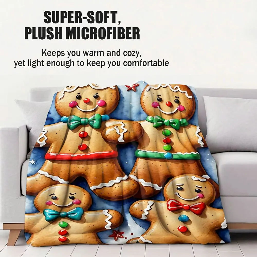 Festive Gingerbread Family Blue Watercolor Pattern Multipurpose Throw Blanket