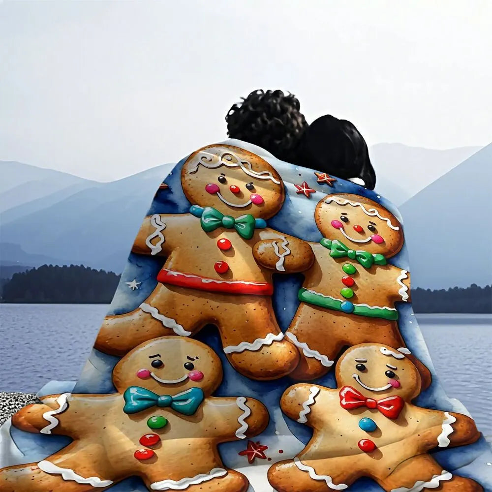 Festive Gingerbread Family Blue Watercolor Pattern Multipurpose Throw Blanket