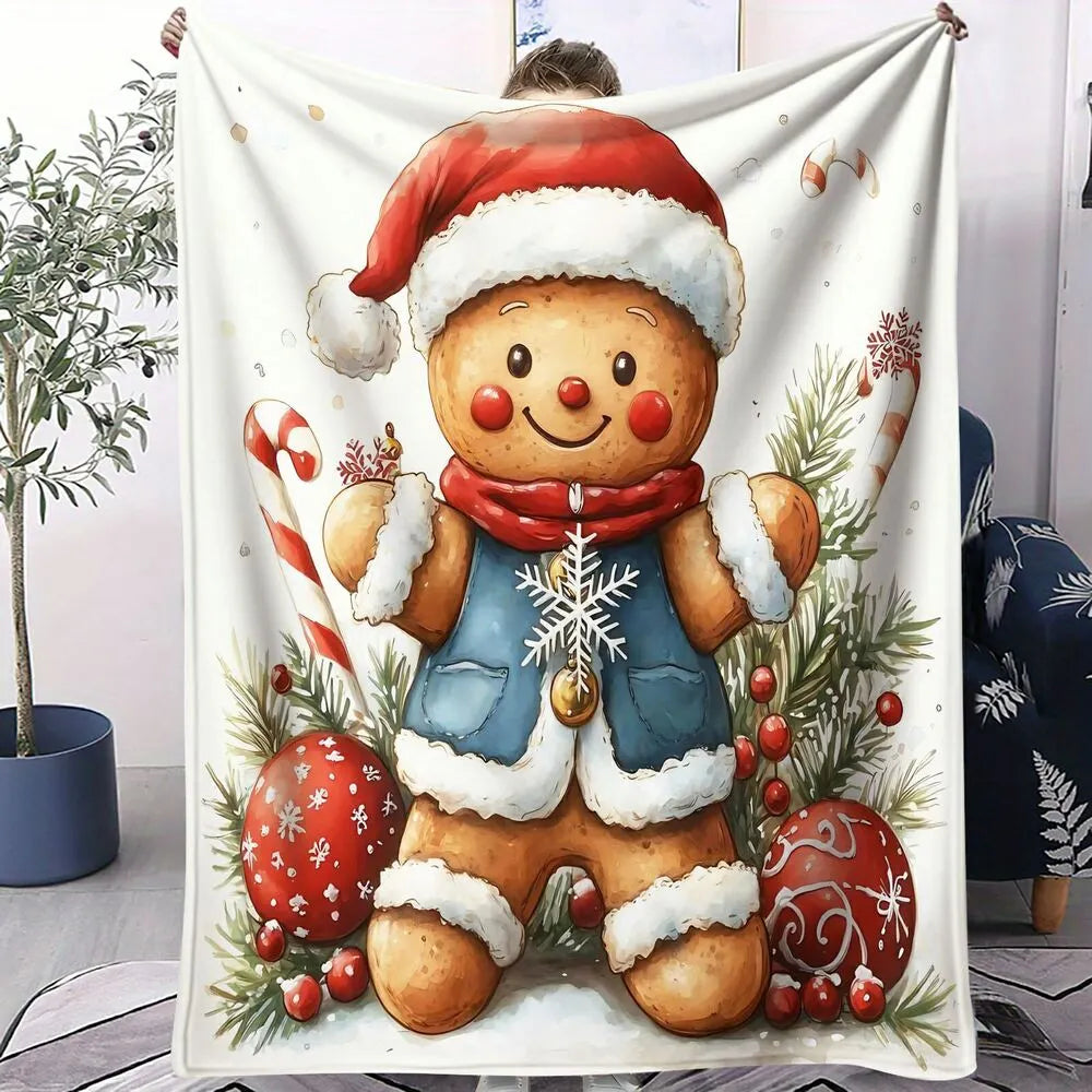 Festive Gingerbread Man Christmas Scene White Pattern Multipurpose Throw Blanket
