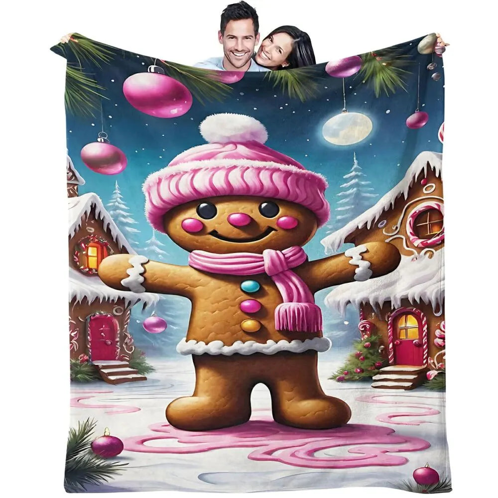 Festive Gingerbread Man Pink Winter Scene Pattern Multipurpose Throw Blanket