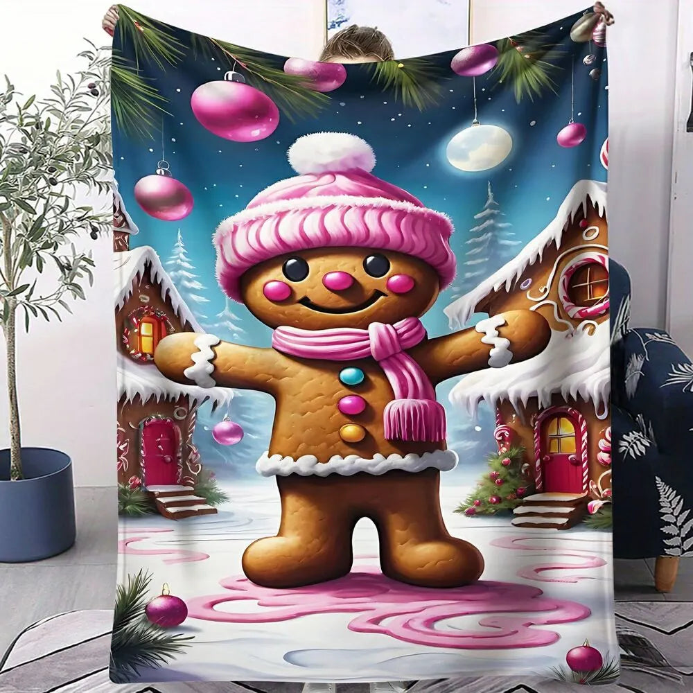Festive Gingerbread Man Pink Winter Scene Pattern Multipurpose Throw Blanket
