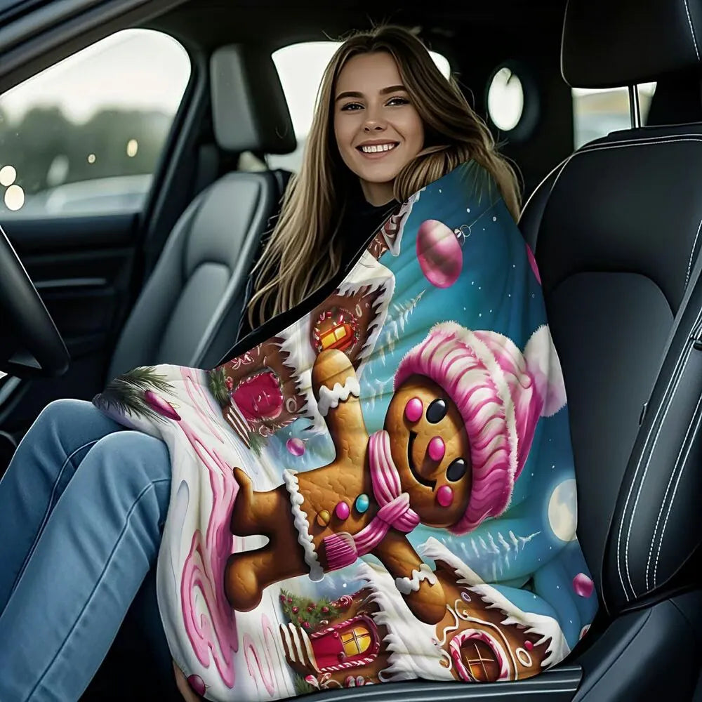 Festive Gingerbread Man Pink Winter Scene Pattern Multipurpose Throw Blanket