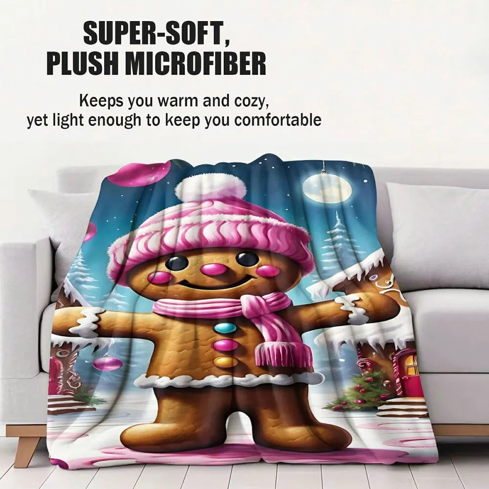 Festive Gingerbread Man Pink Winter Scene Pattern Multipurpose Throw Blanket