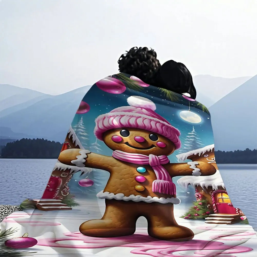Festive Gingerbread Man Pink Winter Scene Pattern Multipurpose Throw Blanket