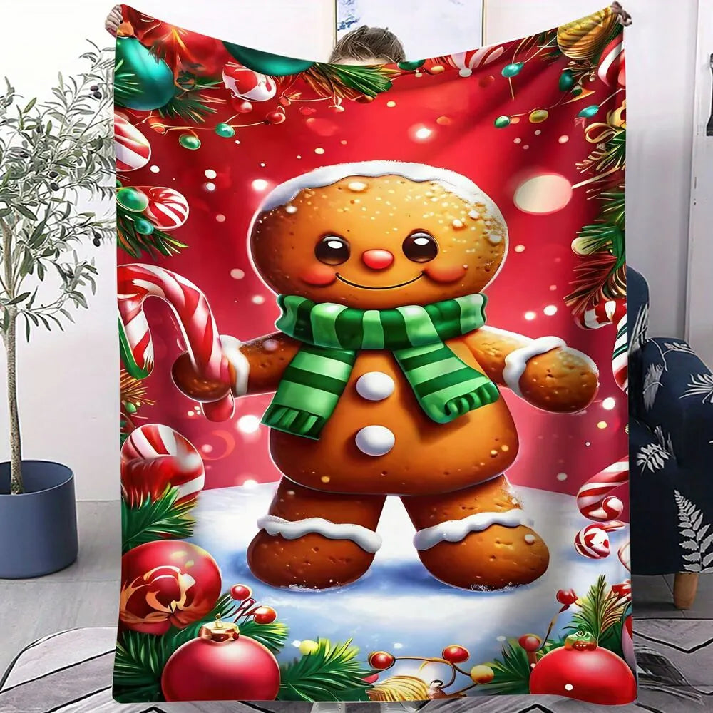 Festive Gingerbread Man Red Christmas Scene Pattern Multipurpose Throw Blanket