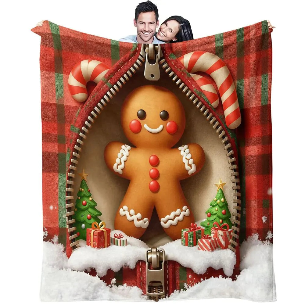Festive Gingerbread Man Zipper Plaid Red Green Pattern Multipurpose Throw Blanket