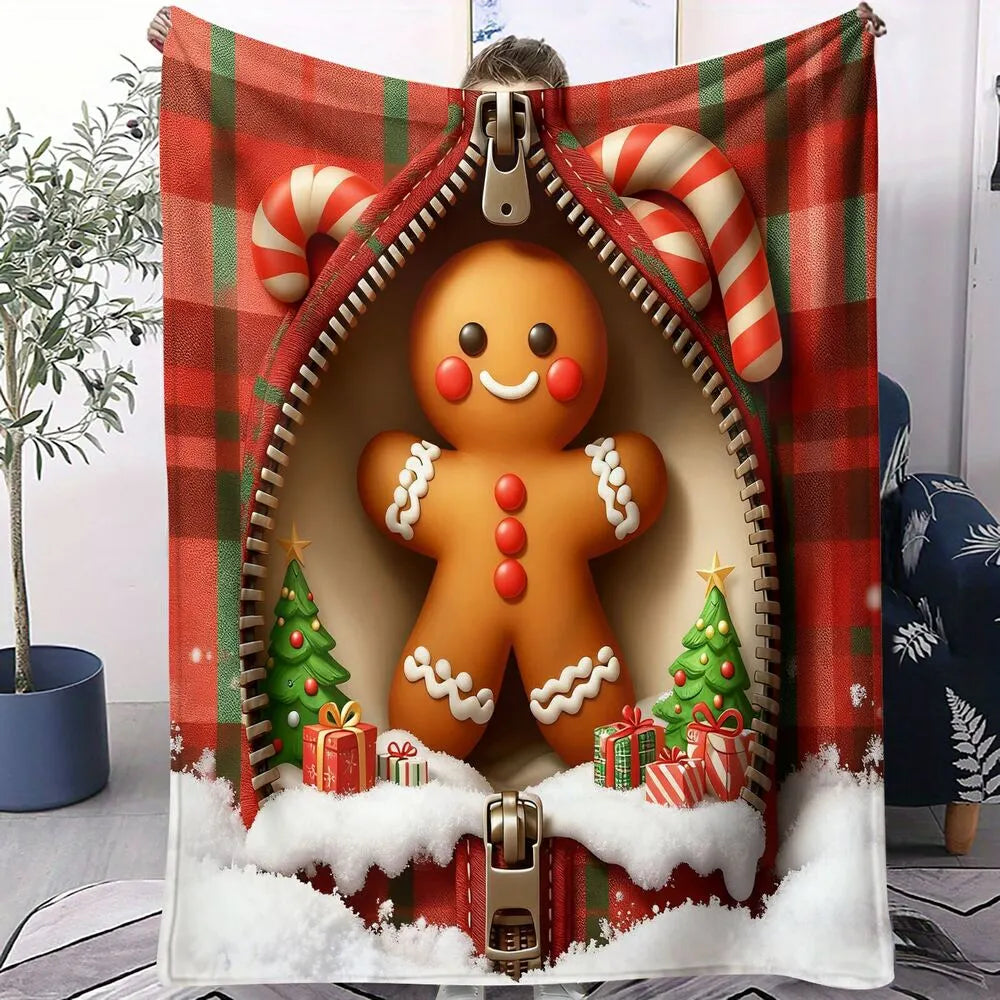 Festive Gingerbread Man Zipper Plaid Red Green Pattern Multipurpose Throw Blanket