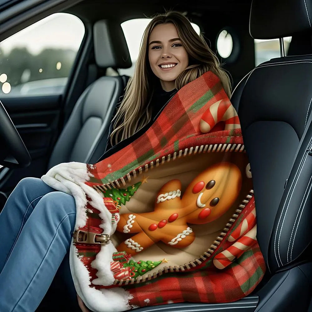Festive Gingerbread Man Zipper Plaid Red Green Pattern Multipurpose Throw Blanket