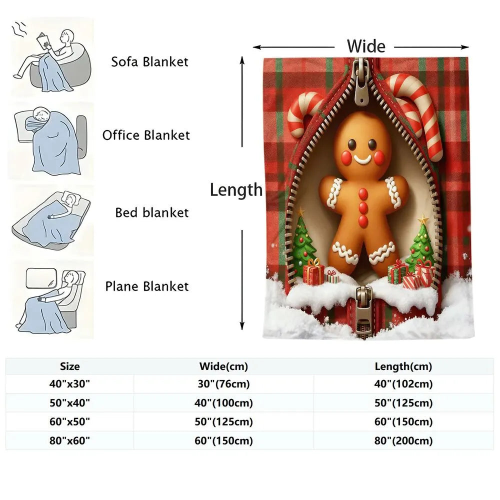 Festive Gingerbread Man Zipper Plaid Red Green Pattern Multipurpose Throw Blanket