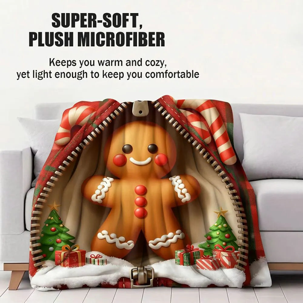 Festive Gingerbread Man Zipper Plaid Red Green Pattern Multipurpose Throw Blanket