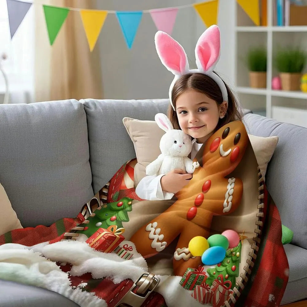 Festive Gingerbread Man Zipper Plaid Red Green Pattern Multipurpose Throw Blanket