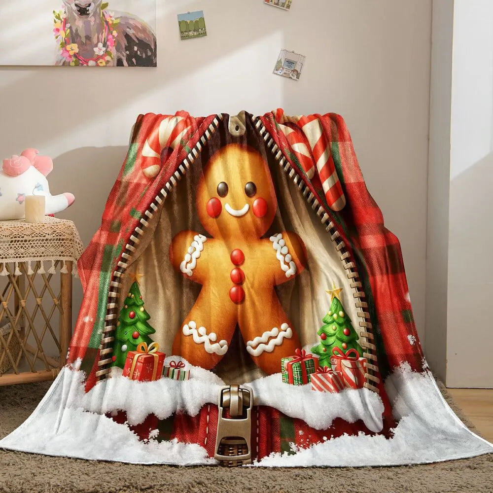 Festive Gingerbread Man Zipper Plaid Red Green Pattern Multipurpose Throw Blanket