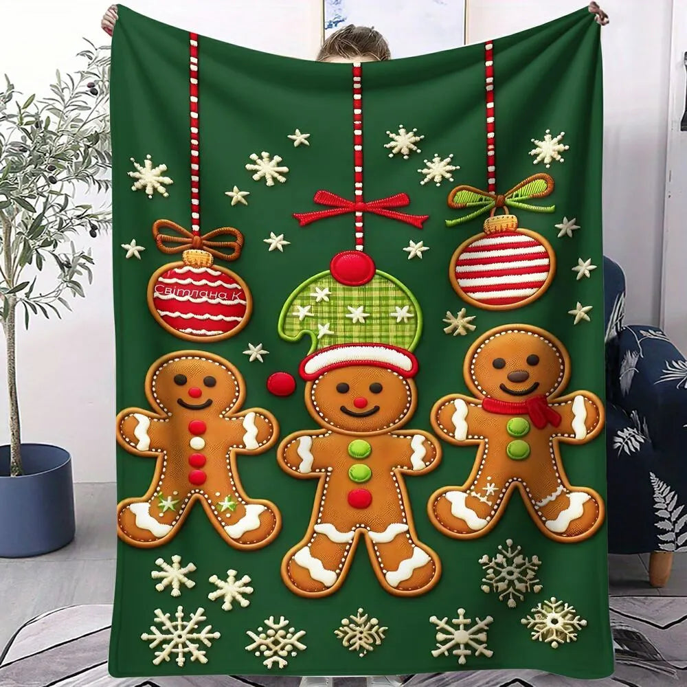 Festive Gingerbread Men Green Christmas Ornament Pattern Multipurpose Throw Blanket