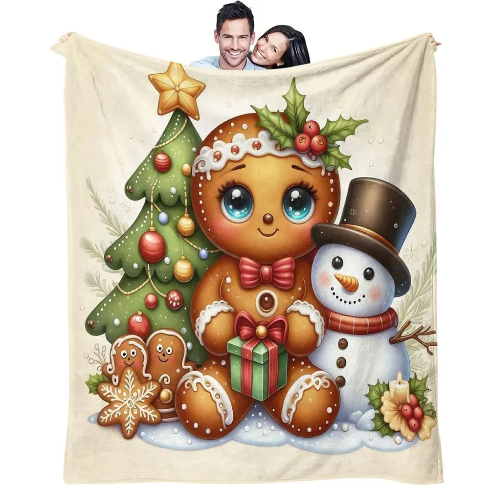 Festive Gingerbread Snowman Christmas Scene Beige Pattern Multipurpose Throw Blanket