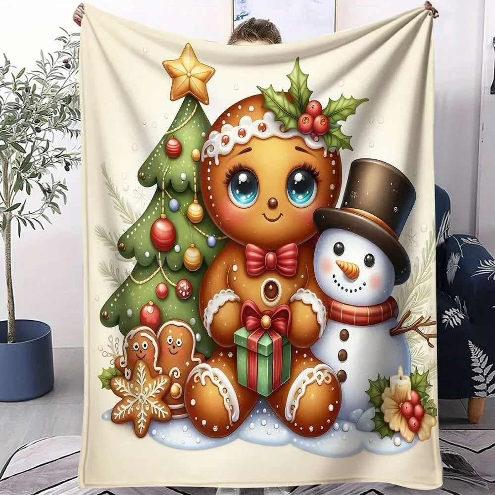 Festive Gingerbread Snowman Christmas Scene Beige Pattern Multipurpose Throw Blanket