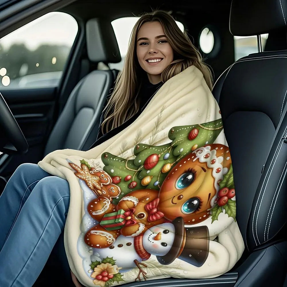 Festive Gingerbread Snowman Christmas Scene Beige Pattern Multipurpose Throw Blanket