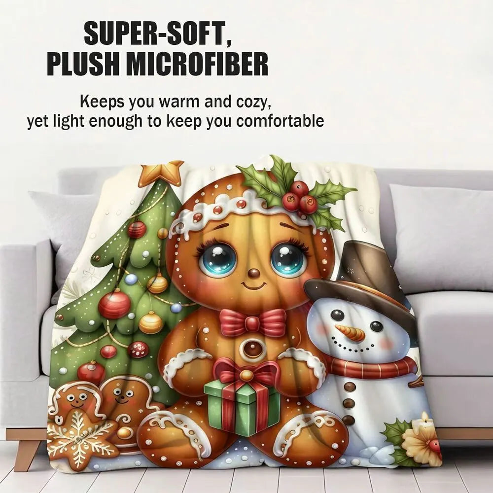 Festive Gingerbread Snowman Christmas Scene Beige Pattern Multipurpose Throw Blanket