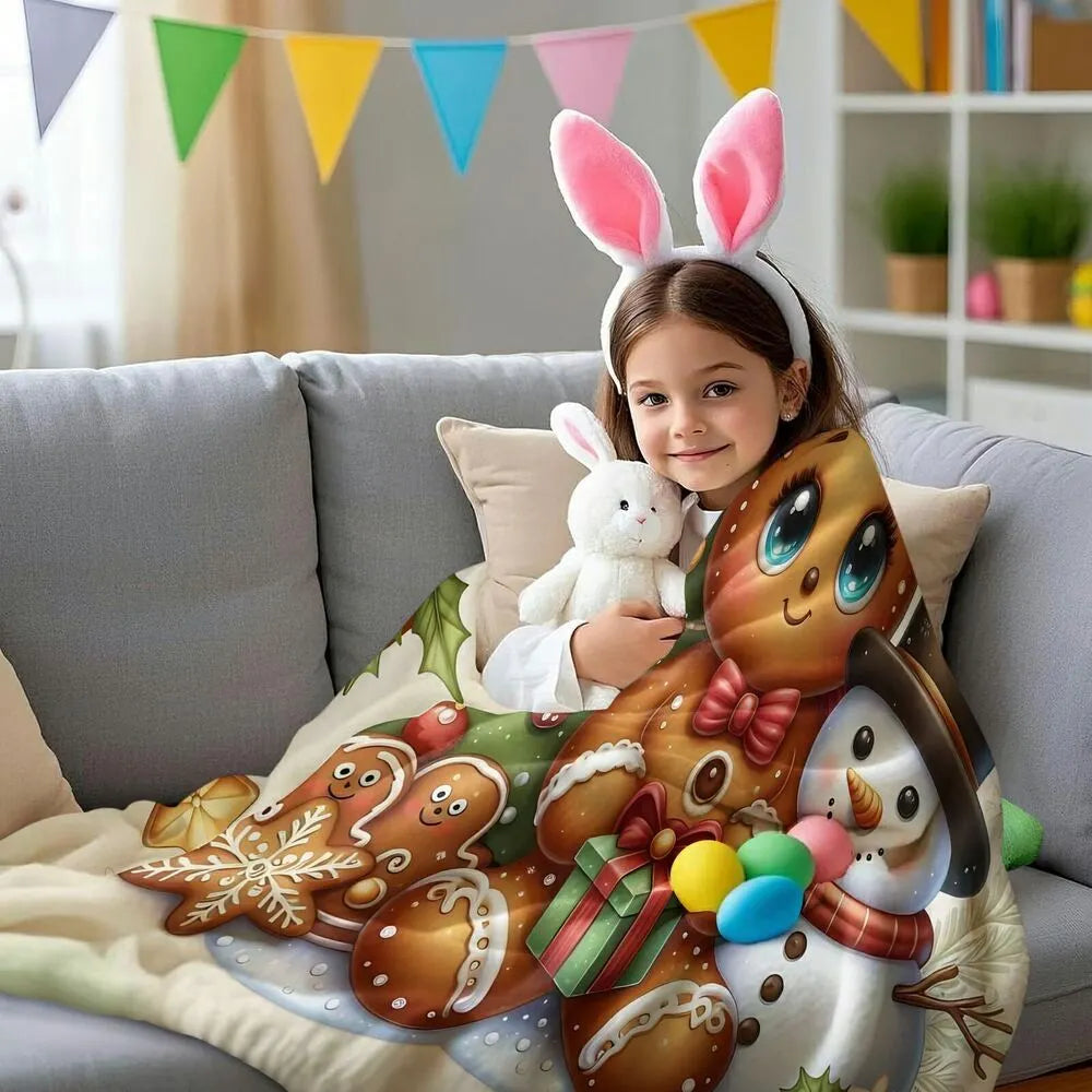 Festive Gingerbread Snowman Christmas Scene Beige Pattern Multipurpose Throw Blanket