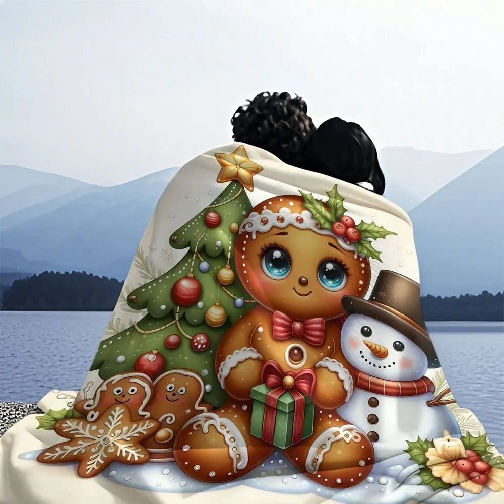 Festive Gingerbread Snowman Christmas Scene Beige Pattern Multipurpose Throw Blanket