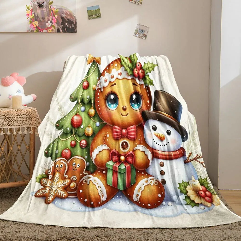 Festive Gingerbread Snowman Christmas Scene Beige Pattern Multipurpose Throw Blanket