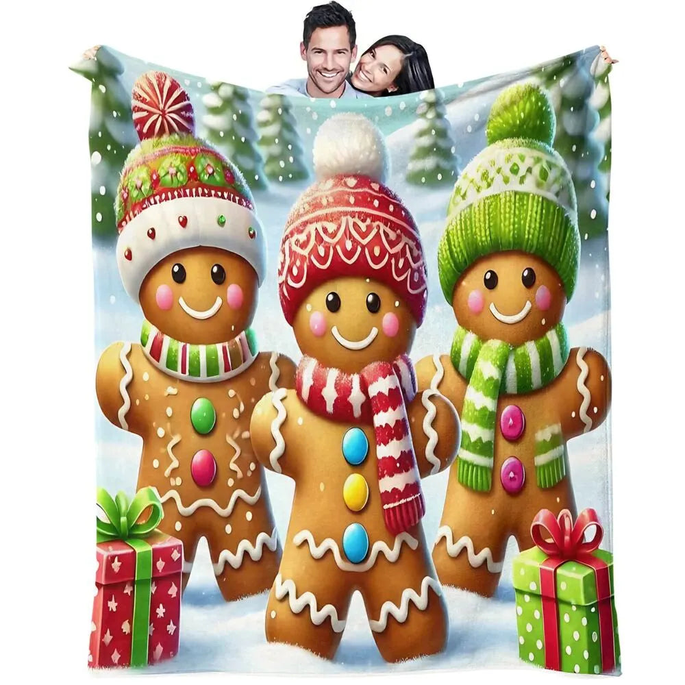 Festive Gingerbread Trio Christmas Scene Light Blue Pattern Multipurpose Throw Blanket