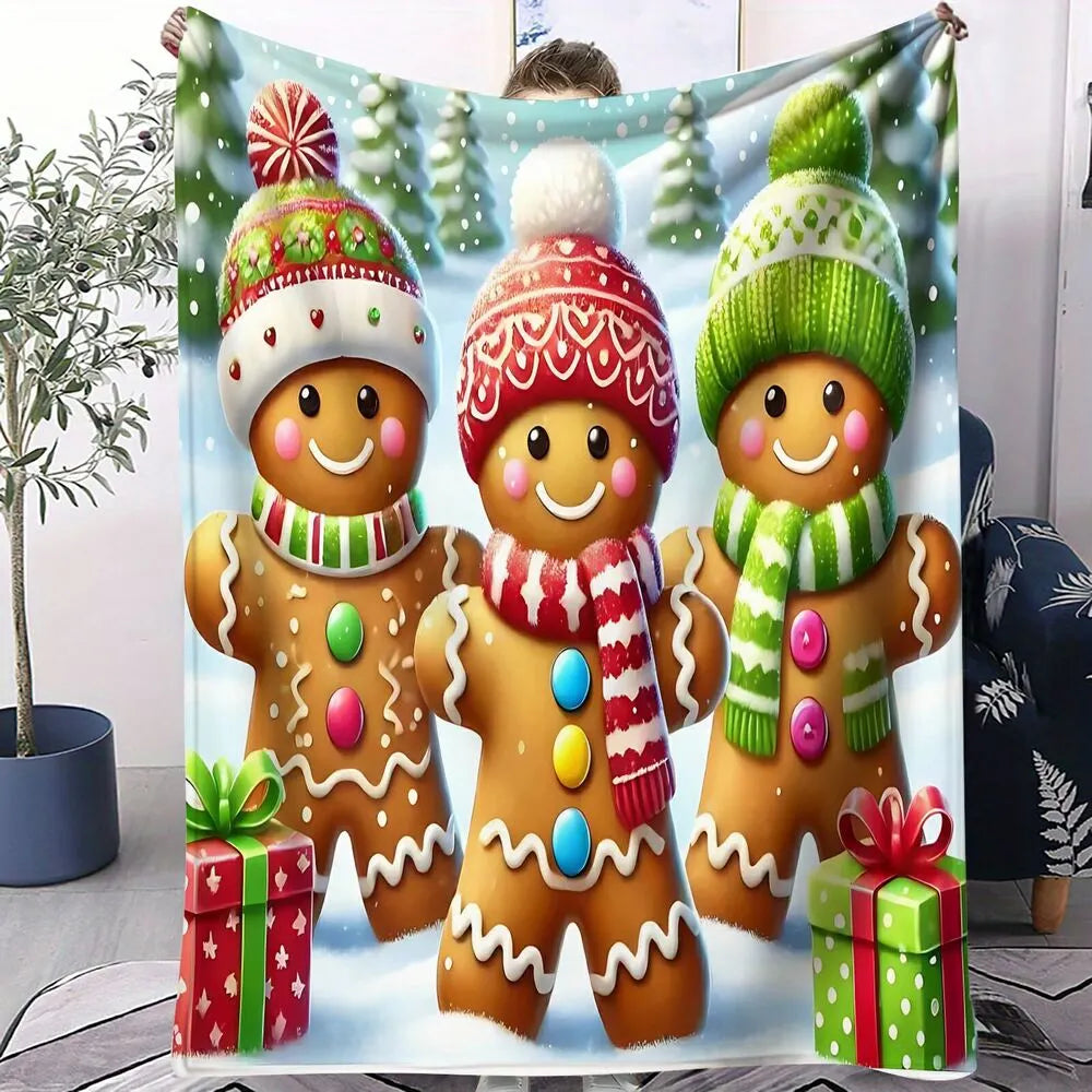 Festive Gingerbread Trio Christmas Scene Light Blue Pattern Multipurpose Throw Blanket