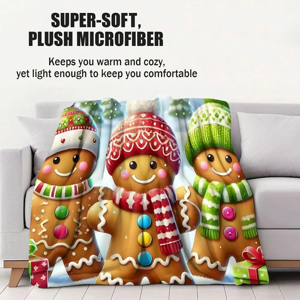 Festive Gingerbread Trio Christmas Scene Light Blue Pattern Multipurpose Throw Blanket
