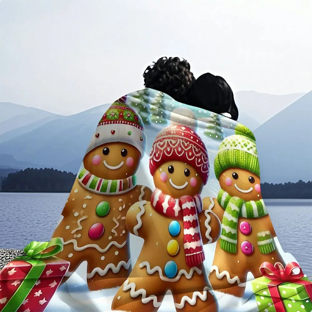 Festive Gingerbread Trio Christmas Scene Light Blue Pattern Multipurpose Throw Blanket