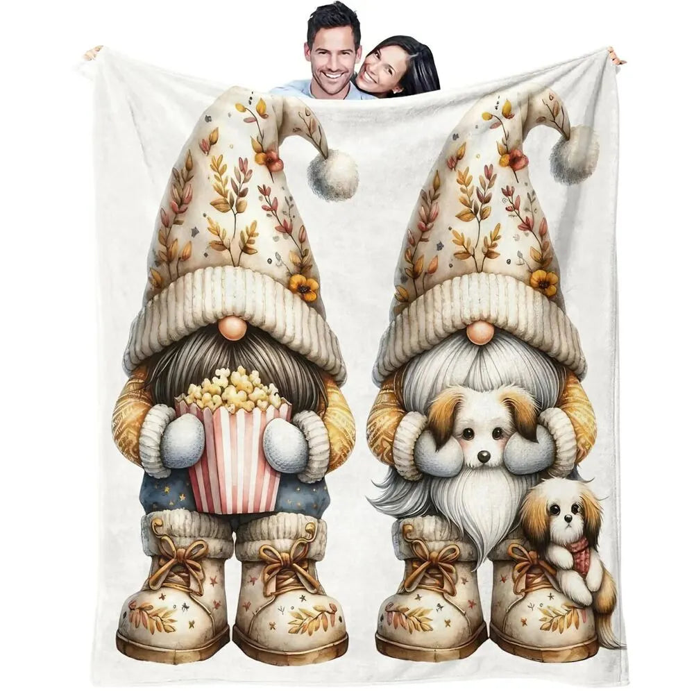 Festive Gnome Puppy Cozy Movie Night White Pattern Multipurpose Throw Blanket