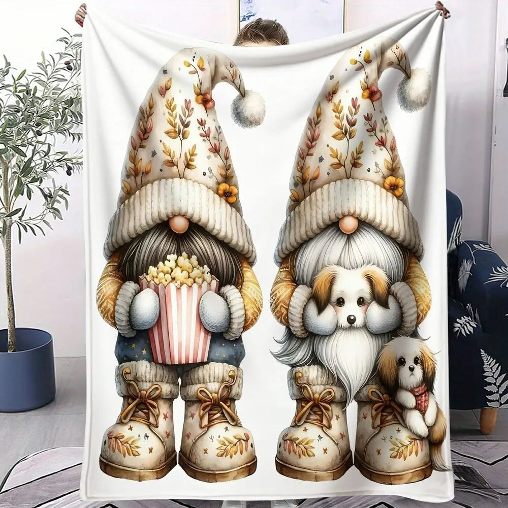 Festive Gnome Puppy Cozy Movie Night White Pattern Multipurpose Throw Blanket