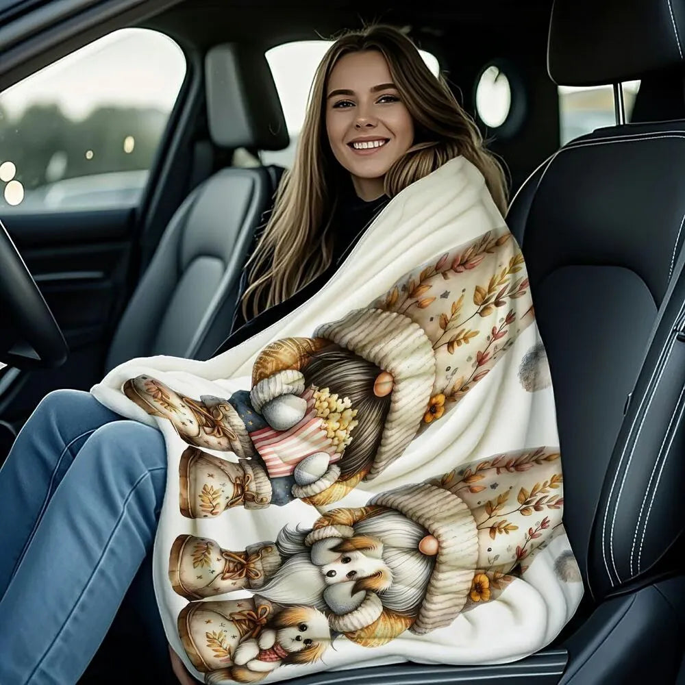 Festive Gnome Puppy Cozy Movie Night White Pattern Multipurpose Throw Blanket