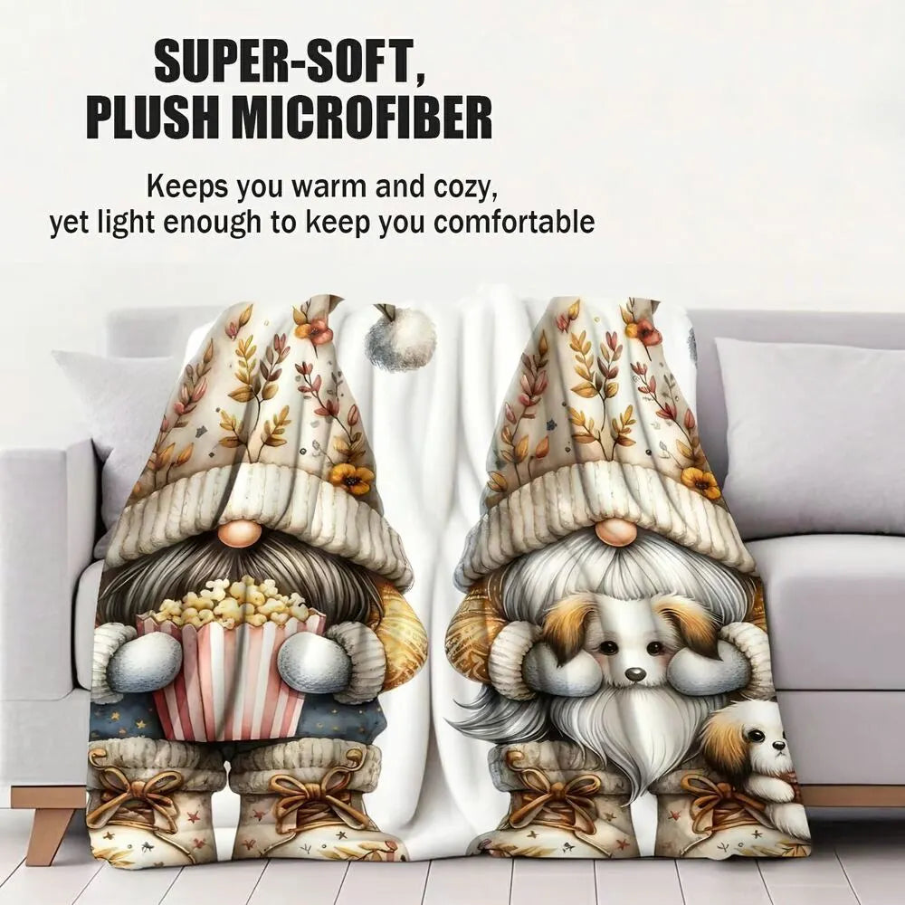 Festive Gnome Puppy Cozy Movie Night White Pattern Multipurpose Throw Blanket