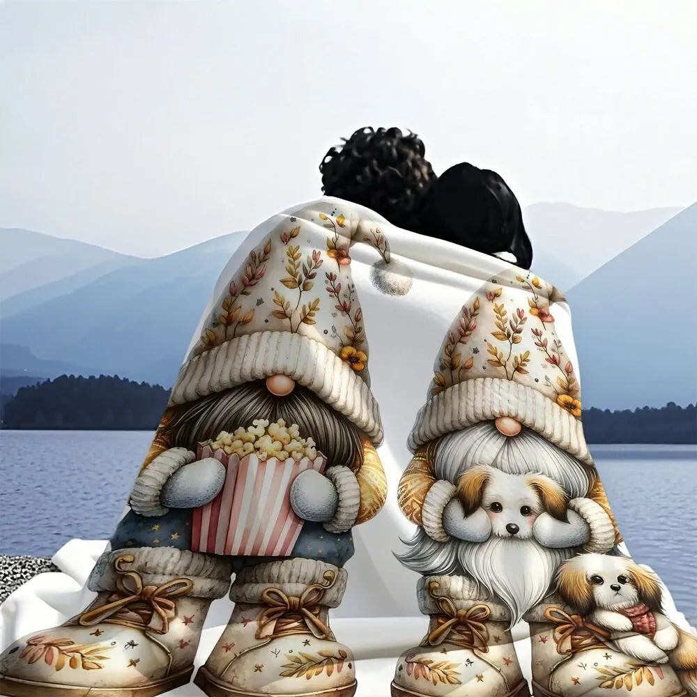 Festive Gnome Puppy Cozy Movie Night White Pattern Multipurpose Throw Blanket