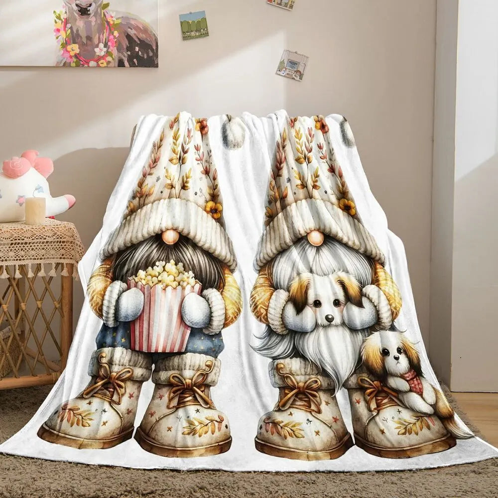 Festive Gnome Puppy Cozy Movie Night White Pattern Multipurpose Throw Blanket