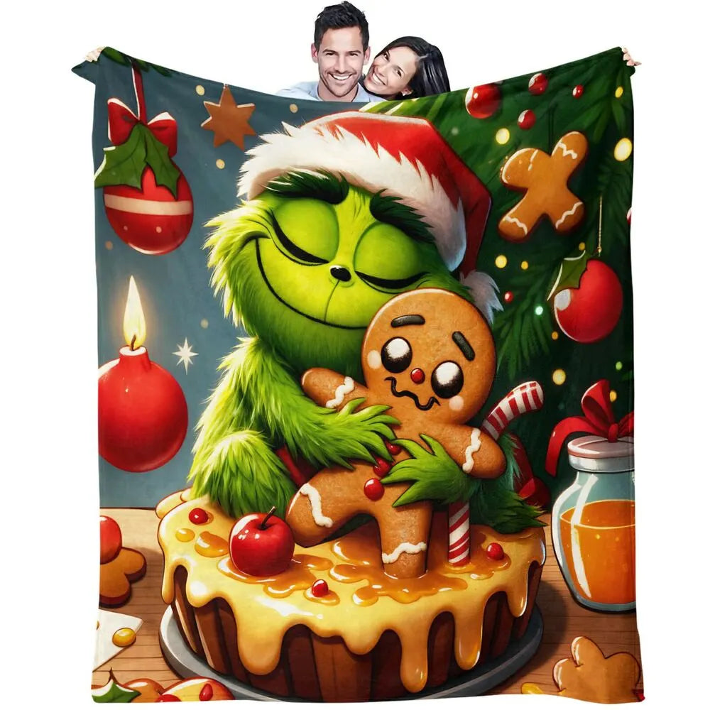 Festive Grinch And Gingerbread Cookie Christmas Art Pattern Multipurpose Throw Blanket