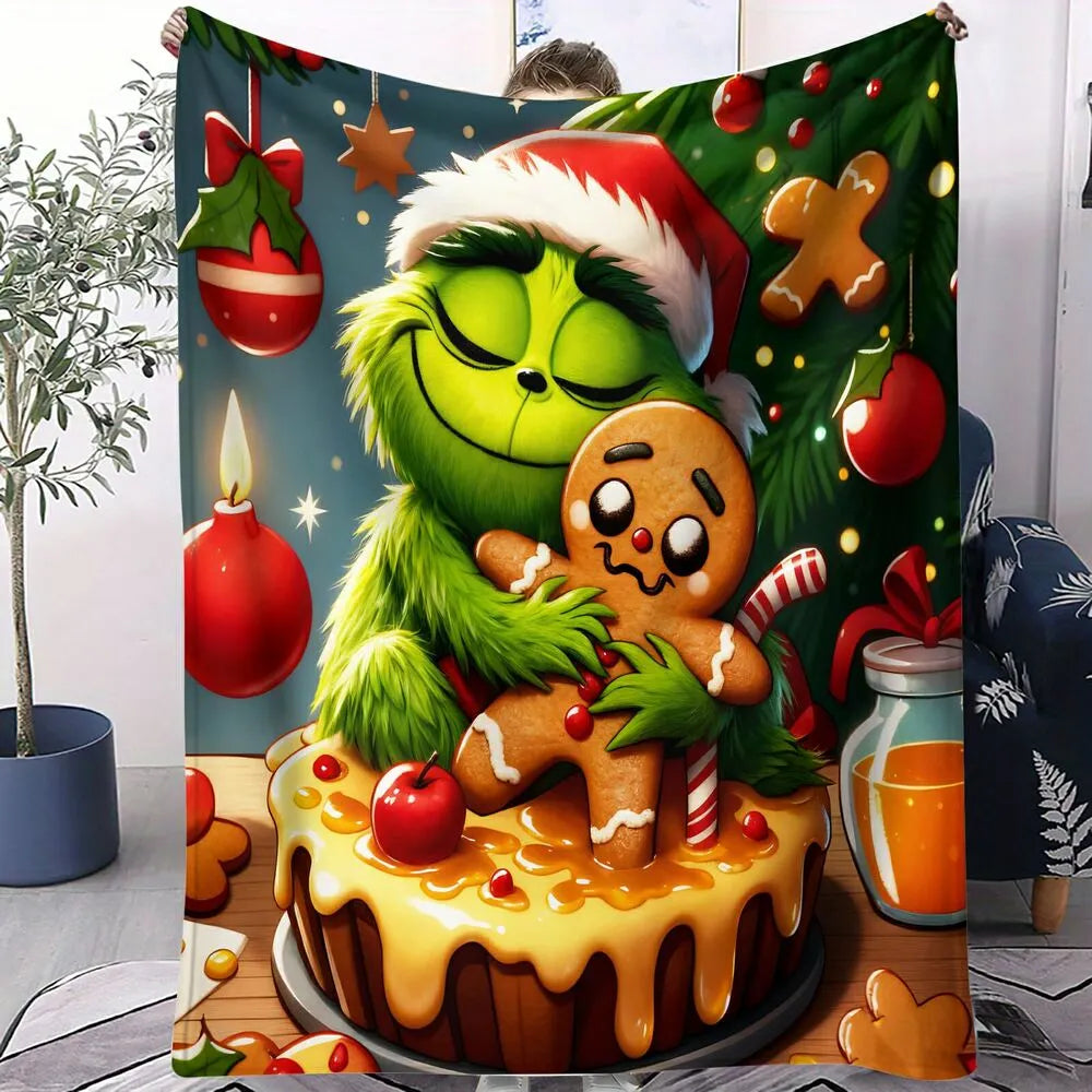 Festive Grinch And Gingerbread Cookie Christmas Art Pattern Multipurpose Throw Blanket