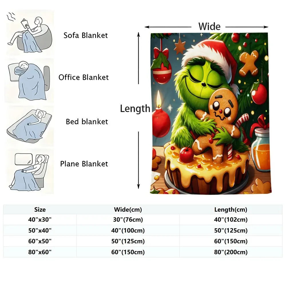 Festive Grinch And Gingerbread Cookie Christmas Art Pattern Multipurpose Throw Blanket